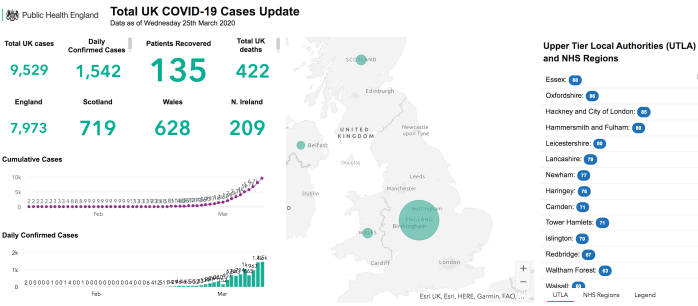 Screen shot of Public Health England tracker of Covid cases