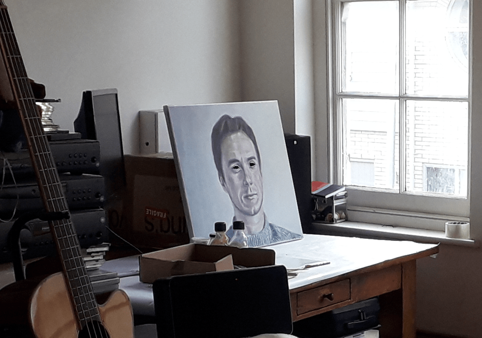 Portrait accompanying Xmas horror story showing an unfinished portrait propped up against a rain spattered window.