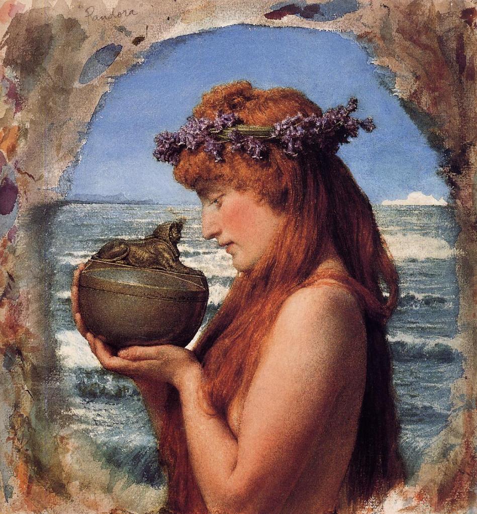 Renaissance oil painting depicting Pandora on the verge of opening her famous box